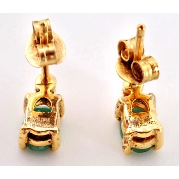 DBJ Jade & Diamond Sterling Silver Prong Set Stud Post Earrings 6mm Signed Thai - Picture 3 of 11